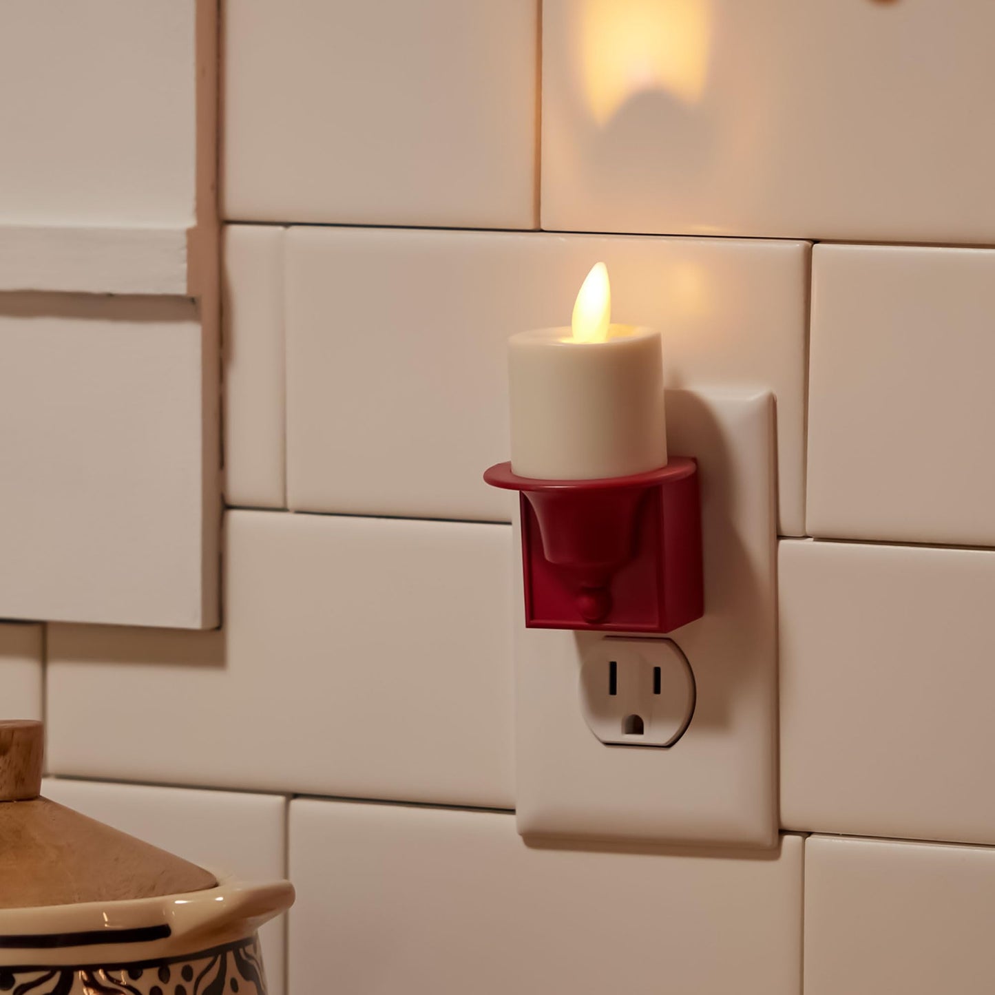 Luminara Flameless Candle Nightlight w/Dusk to Dawn Light Dark Auto Sensor, Red Wall Plug Indoor Night LED Light w/Real-Flame Effect Technology, Bathroom Bedroom Hallway, No Remote Needed