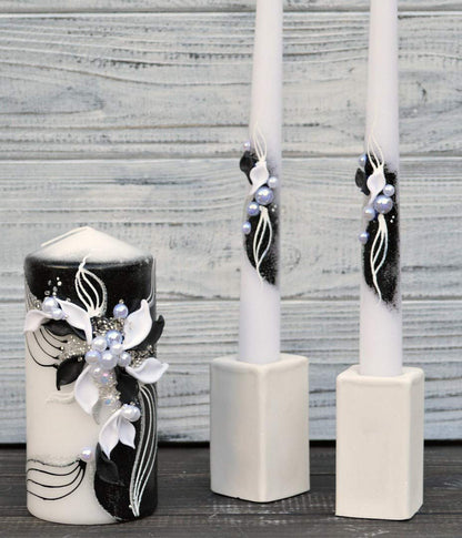 Magik Life Unity Candle Set - Wedding Ceremony & Reception – 6” Pillar & Two 10” Taper Candles – Long Burning Unity Candles for Marriage Ritual – Handmade in USA – Black | White