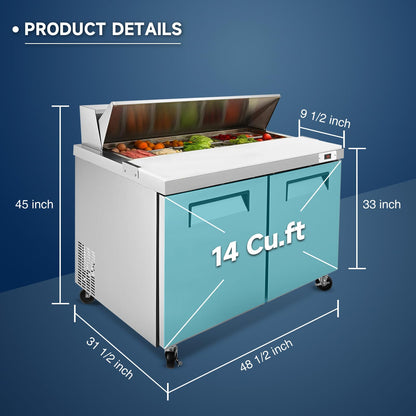 48"W Commercial Sandwich Prep Table Refrigerator - Stainless Steel Door with 12 Pans, 14 Cu.Ft Capacity, Auto Defrost, Digital Temperature Control for Restaurants, Delis, Catering & Convenience Stores