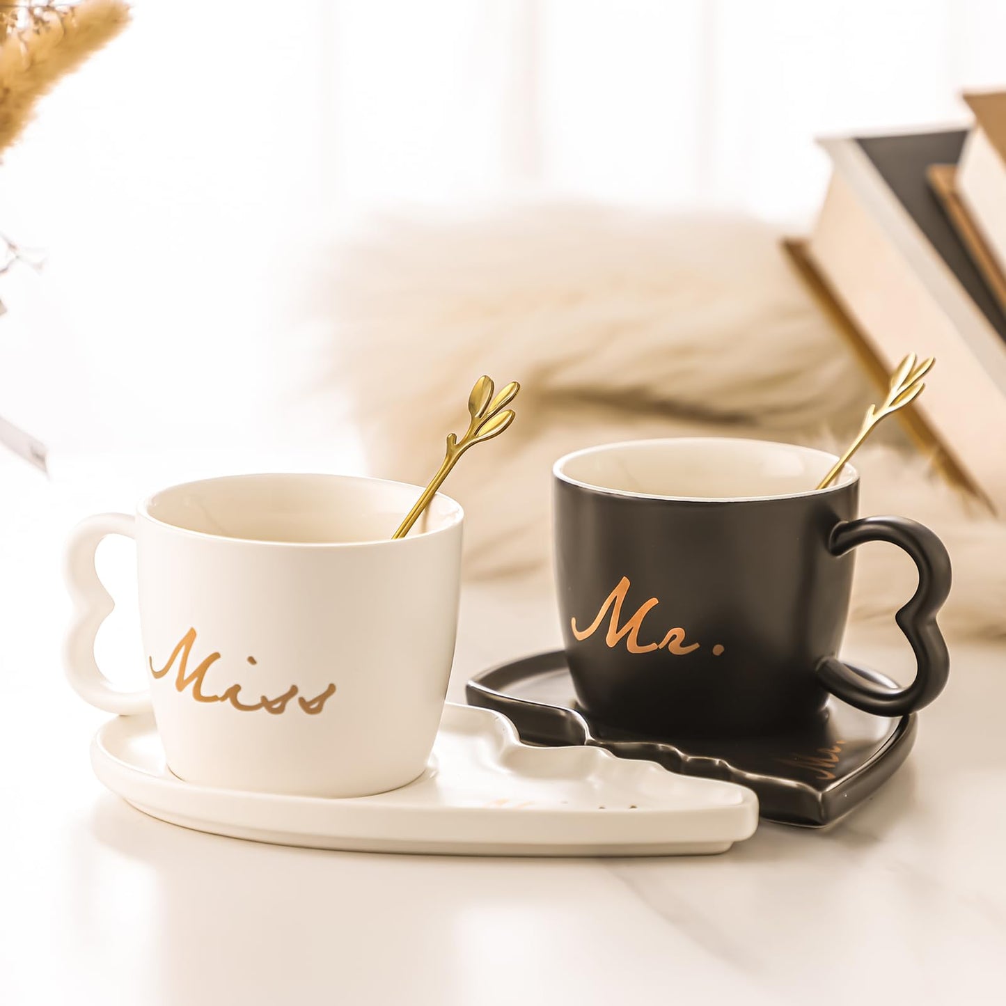 DELARLOCHEF 6Oz Mr and Mrs mug Heart Shaped Ceramic Mugs with Saucer & Golden Spoon. Perfect for Engagement, Wedding.Couple Mugs Graduation gifts father's day gifts