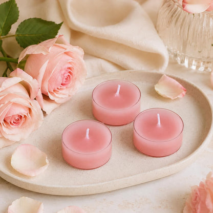 FCMSHAMD Rose Scented Tealight Candles, 24 Pack Pink Tea Lights, 6 Hour Burn Time, Modern Floral Theme, Dripless & Smokeless