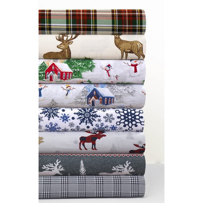 Plaid Reindeer Printed Flannel 170-GSM Solid DP Sheet Set QUEEN