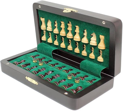 House of Chess - 8 Inch Wooden Magnetic Folding Travel Chess Set - Board with Algebraic Notation + 2 Extra Pawns &amp 2 Extra Queens- Handmade (Ringy Rosewood)