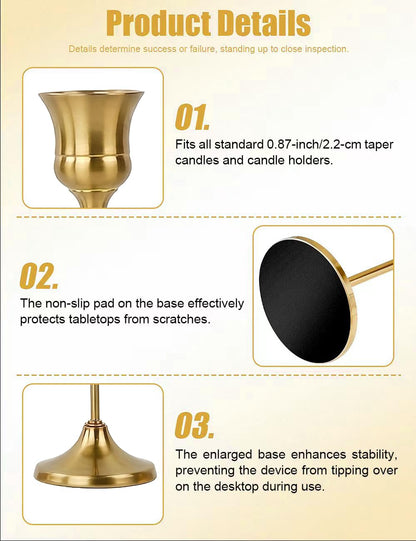 Oakernel French Gold Taper Candle Holders 2 Sets(6 Pcs) - Tall Metal Candlestick Holders for Table Centerpiece, Formal Dinner, Wedding, Fireplace Mantel Decor, Fits 3/4 Inch Thick Candles