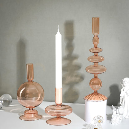 Rtteri 3 Pcs Glass Candlestick Holders Glass Candle Holders Groovy Wavy Elegant Taper Candle Stick for Wedding Home Birthday Party Easter St Patricks Day Decoration Windowsill Decor(Light Brown)