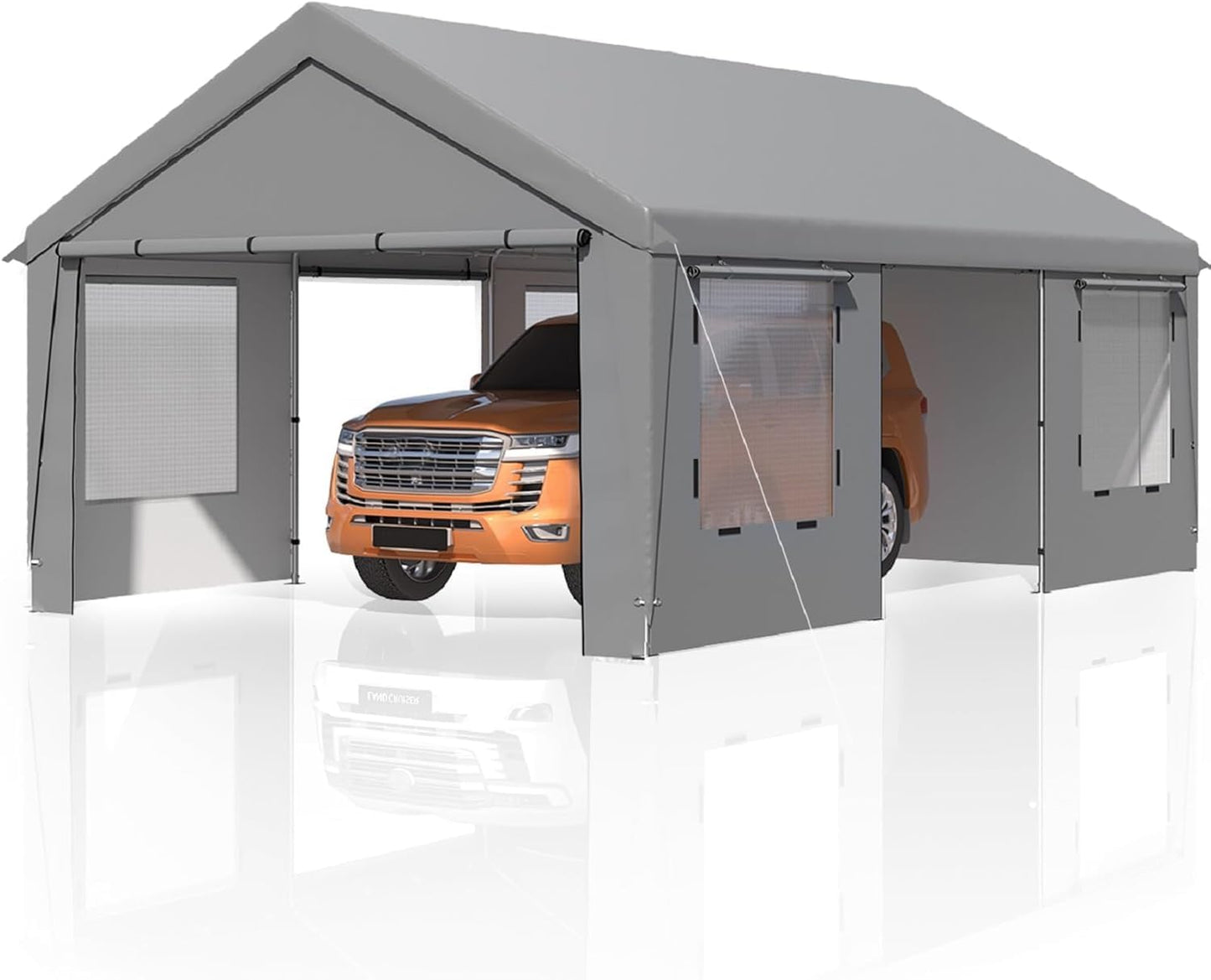 EROMMY 13x20FT Heavy Duty Carport, Portable Garage Shelter with Roll-Up Windows, Removable Sidewalls and Doors, Outdoor Storage Canopy for Car, Truck, Boat, RV, Trailer, Outdoor Gray and Inner White
