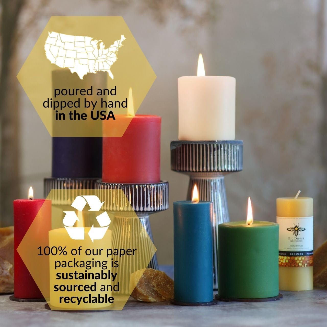 Big Dipper Wax Works 100% Pure Beeswax Pillar Candles (4 Pack) – 2" x 4.75" Handmade in USA, Long Burning Clean Soot-Free, Natural Honey Aroma, Eco-Friendly Cotton Wick, Home Décor & Meditation
