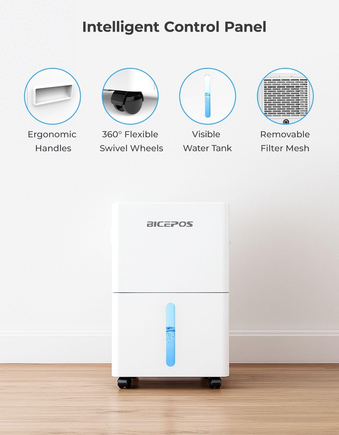 Bicepos 1500 Sq.Ft Dehumidifiers for Home, 21 Pints Dehumidifier for Basement, Bathroom, Bedroom, Large Room, 3 Modes, Auto Defrost, Intelligent Humidity Control, 24H Timer