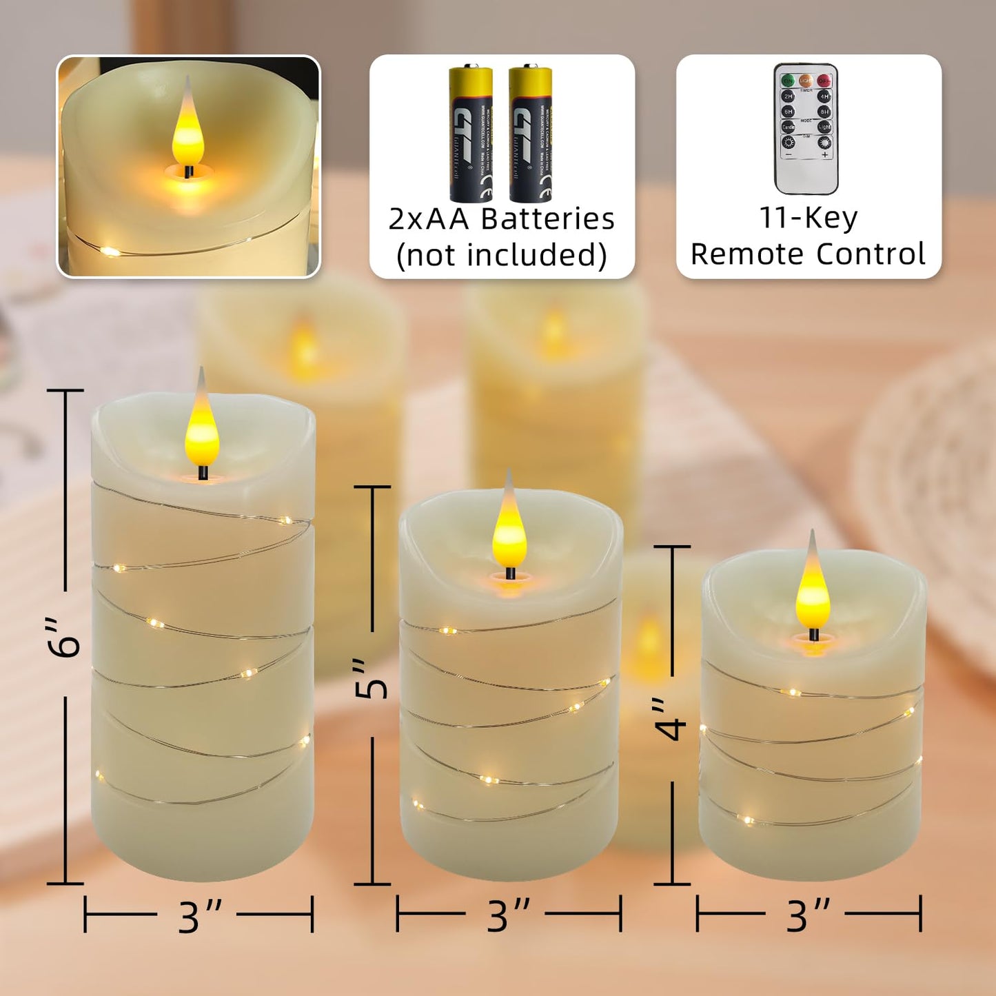 Flameless Candles Set of 3 (3" x 4", 5", 6") – Real Wax Battery Operated Candles with Remote, Flickering Flame, 2/4/6/8H Timer, Brightness & Flicker Mode Adjustment – Led Candles, Ivory, Unscented