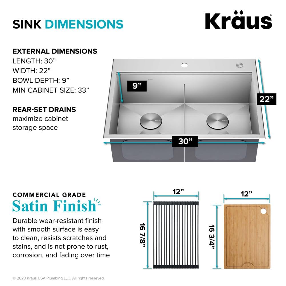 KRAUS Kore 30-Inch Drop In/Top Mount Workstation 16 Gauge 50/50 Double Bowl Stainless Steel Kitchen Sink with Accessories, KWT302-30