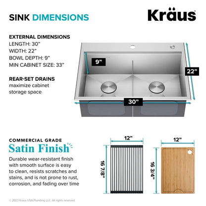 KRAUS Kore 30-Inch Drop In/Top Mount Workstation 16 Gauge 50/50 Double Bowl Stainless Steel Kitchen Sink with Accessories, KWT302-30