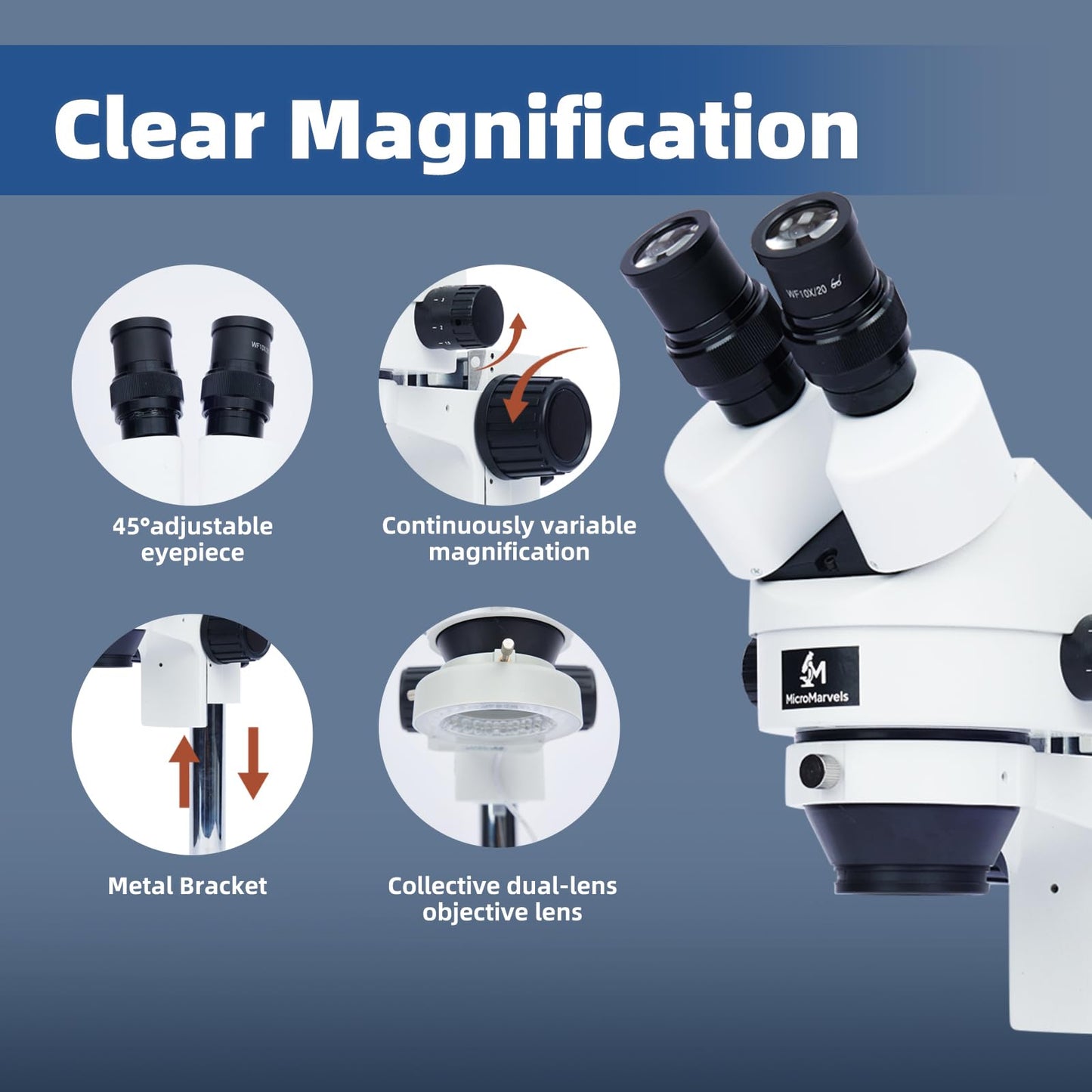 MicroMarvels Professional Binocular Stereo Microscope 7X-45X Magnification with LED Ring Light, Dual Coarse & Fine Focus, Wide Base for PCB Repair, Jewelry, Mineral Observation