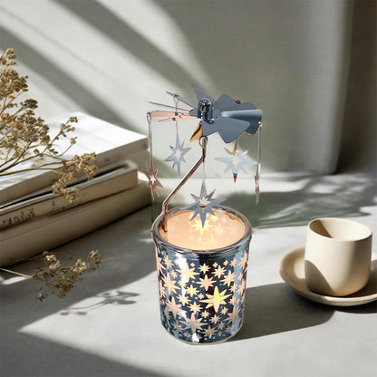 Carousel Rotary Candle Holder Spinning Birthday Gifts for Women, Mom, Wife, Girlfriend, Sister, Her, Metal Windmill Tea Light for Female Friends (Silver Star)