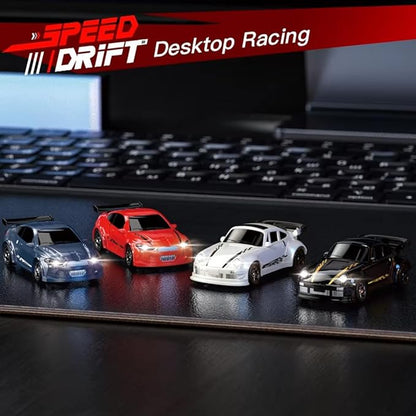 1/64 Scale 2.4G High Speed Drift RC Car Remote Control Drift 4WD Mini Lights System Desktop Drift Car for Adults (Blue)