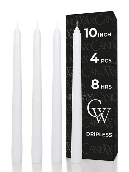 CANDWAX 10 inch White Taper Candles - White Candle Pack of 4 - Christmas Candle Tapers - Unscented Dripless Smokeless Long Burning Tall Candlesticks - Christmas Tapered Candles for Home Decor