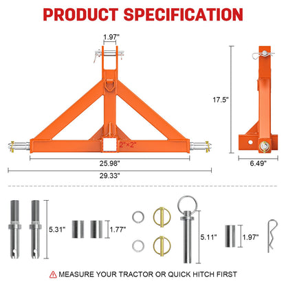 3 Point Trailer Hitch with 2" Receiver Quick Hitch Compatible with Category 1 Tractors, Heavy Duty 3pt Towing Hitch Tractor Drawbar Hitch Adapter for BX, Kubota, John Deere, NorTrac, Kioti(Orange)
