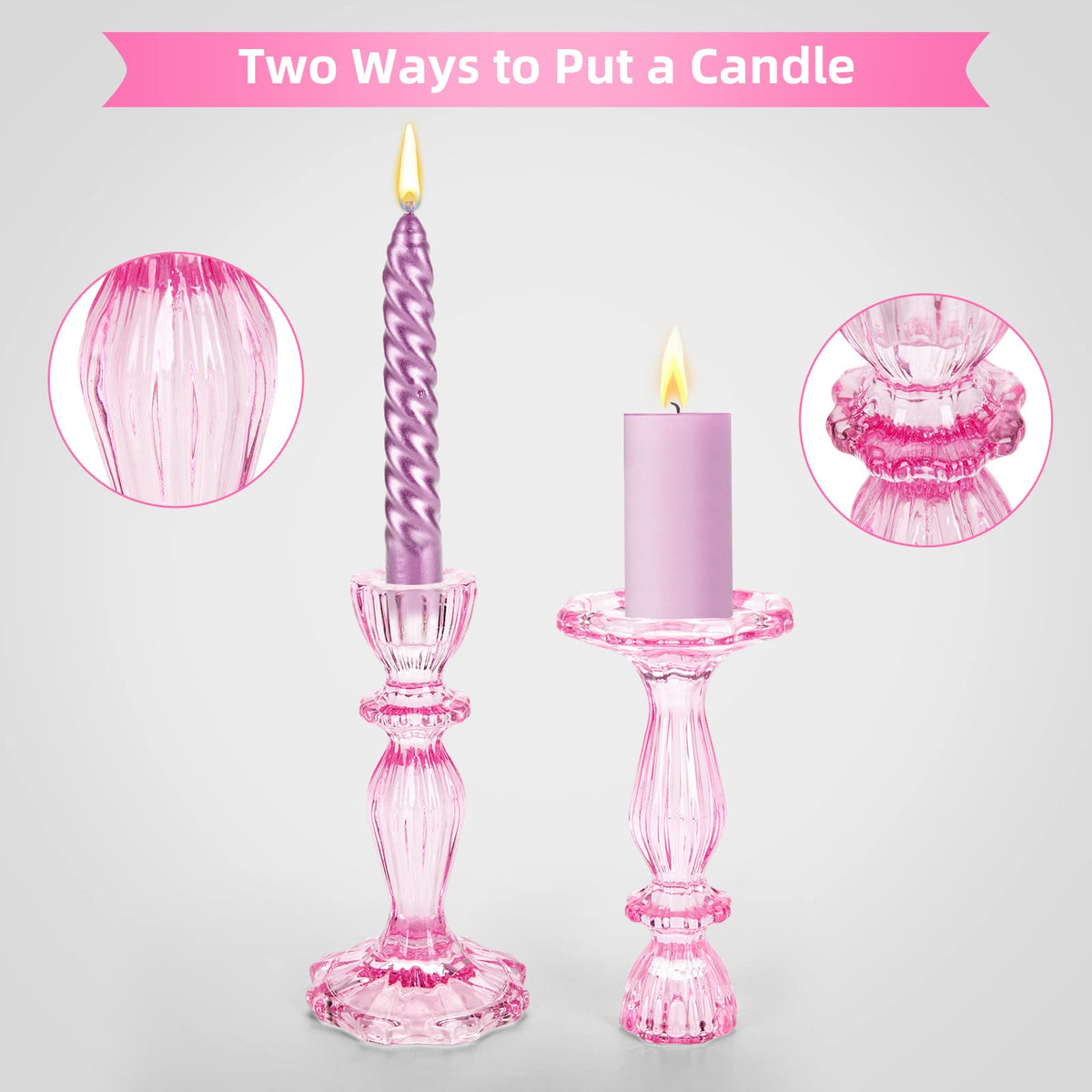 Glass Candle Holders, 2PCS Decorative Candle Stand Wide Base Candlestick Holder Table Centerpiece Decor for Wedding Festival Party Windowsill, Pink