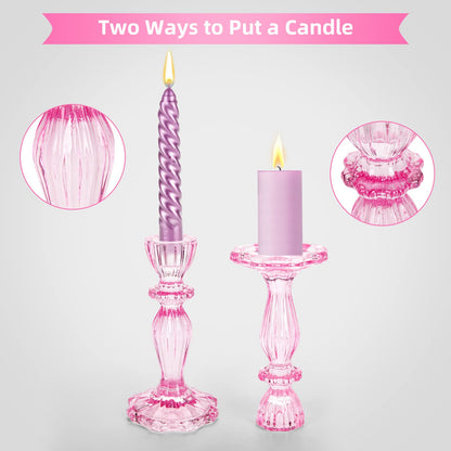 Glass Candle Holders, 2PCS Decorative Candle Stand Wide Base Candlestick Holder Table Centerpiece Decor for Wedding Festival Party Windowsill, Pink