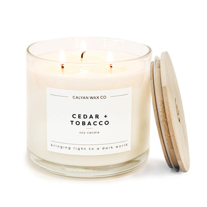 Calyan Wax Co. Cedar & Tobacco 3 Wick Scented Candle - 43 Hour Burn - Luxury 3 Wick Soy Candles - Clean Soy Wax Candles - Long Lasting Large Glass Jar Candle for Home - 14.9oz