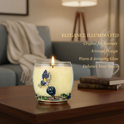 Scented Candles Gifts for Women - Enamel Butterfly & Blue Rose Decorative Glass Jar with Faceted Crystal Lid, Special Candle for Friend Mom Sister Friend, Unique Birthday Mother's Day Christmas Gift