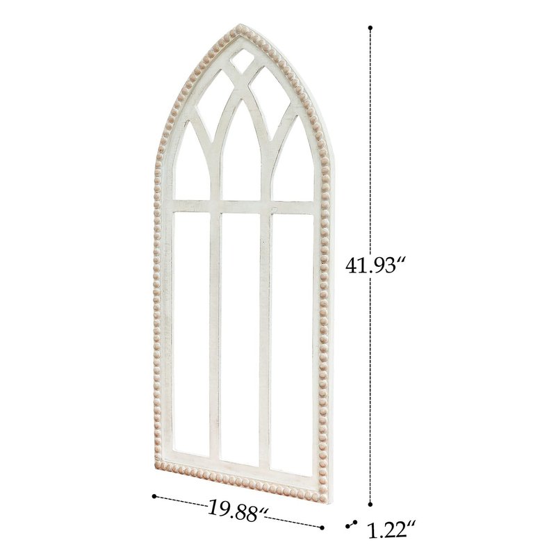 Synovana Arched Wooden Window Frame Wall Decoration, Rustic Farmhouse Wood Window Pane Hanigng Art Decor, 42 inches Gothic Cathedral Style Spire Design Wall Mounted Fake Window Decor, Distressed White
