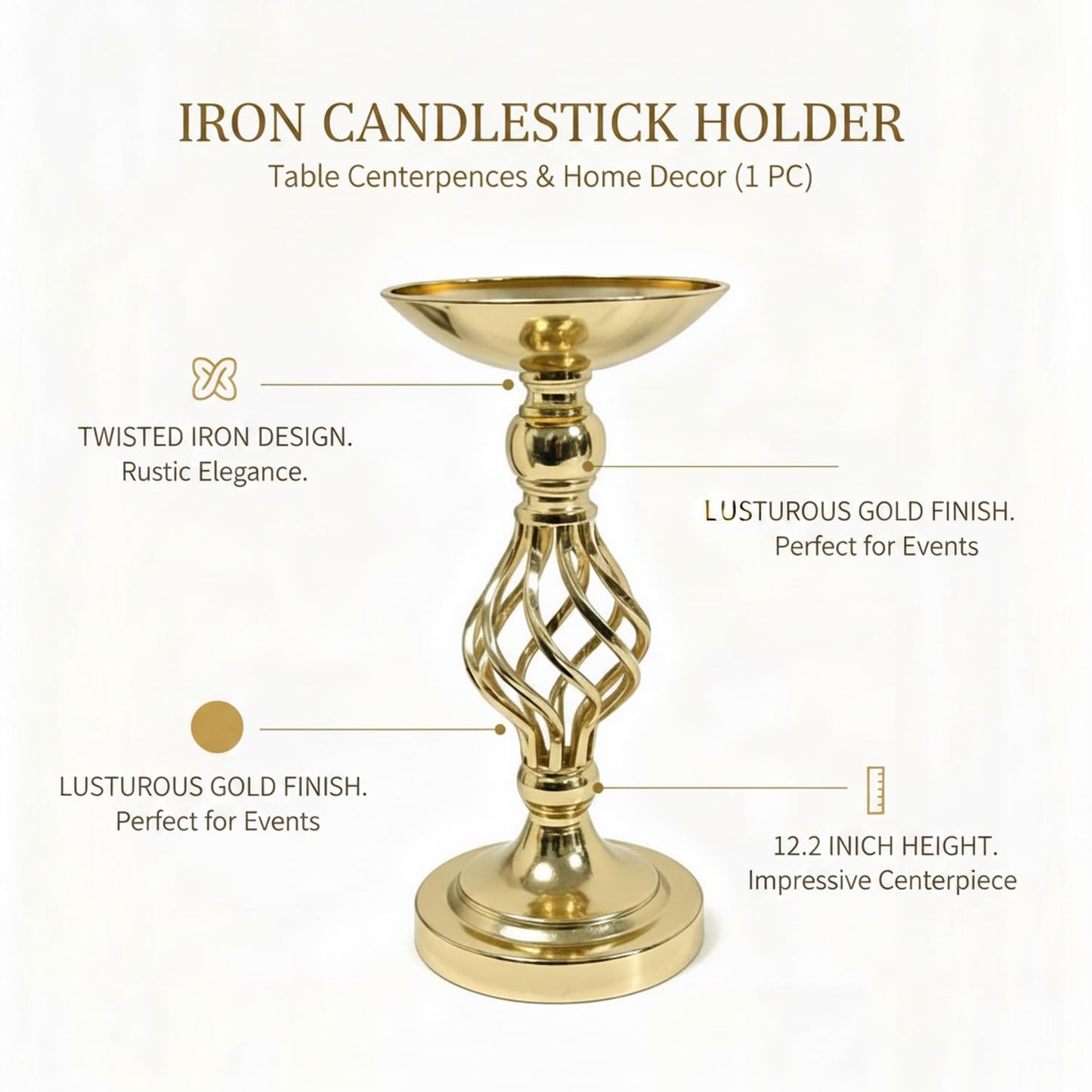 Iron Candlestick Holder, Twisted Metal Design with Gold Finish for Table Centerpieces and Home Decor (1 PC)