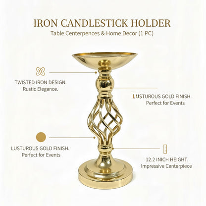 Iron Candlestick Holder, Twisted Metal Design with Gold Finish for Table Centerpieces and Home Decor (1 PC)