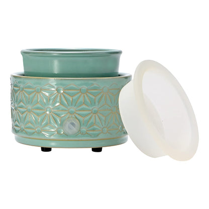 ASAWASA Wax Melt Warmer with 1 pc Silicone Dish,3-in-1 Ceramic Wax Melter Burner for Kitchen Home Spa Yoga Gift (Cyan Hexagon Pattern)
