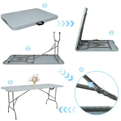 Set of 2 Folding Table 6 FT Lightweight Camping Table Portable Plastic Rectangular Outdoor Dining Table Steel Legs Fold-in-Half with Carrying Handle for Indoor,Picnic,Party,Wedding,Events(White)