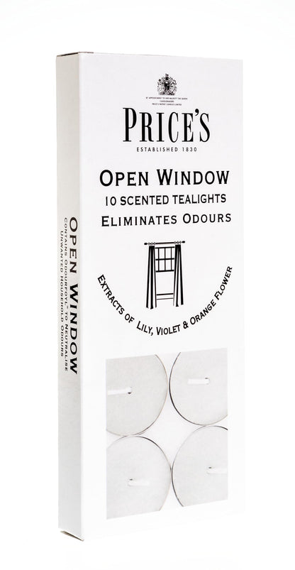 Price's - Open Window Tealights - Pack of 10 - Odour Eliminating Tealights - Made with Lily, Violet and Orange Flower Extracts - Clean, Fresh, Quality Fragrance - Long Lasting Scent