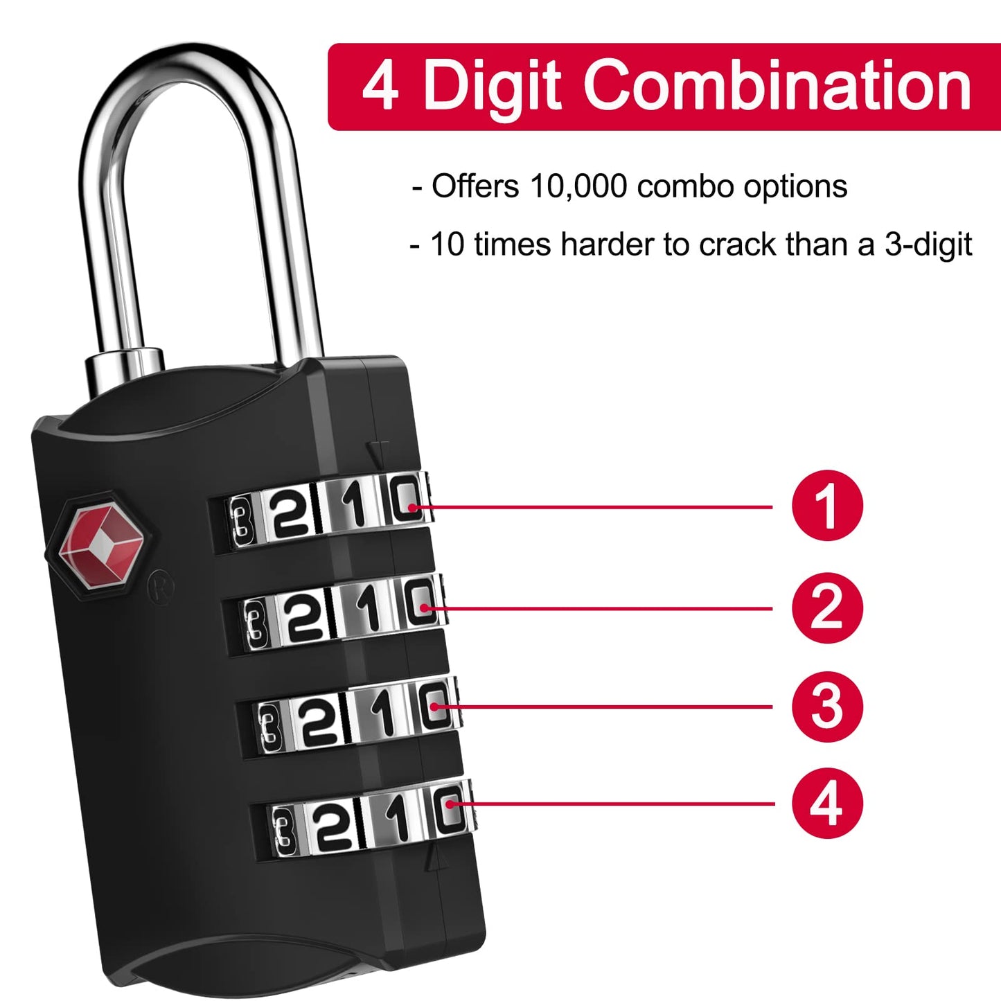 ZHEGE TSA Approved Luggage Lock for Train Travel, 4 Digit Combination Lock for School Gym Locker, Suitcase, Backpack, Cabinet, Drawer, Easy Read Dial with Alloy Body (1 Pack, Black)