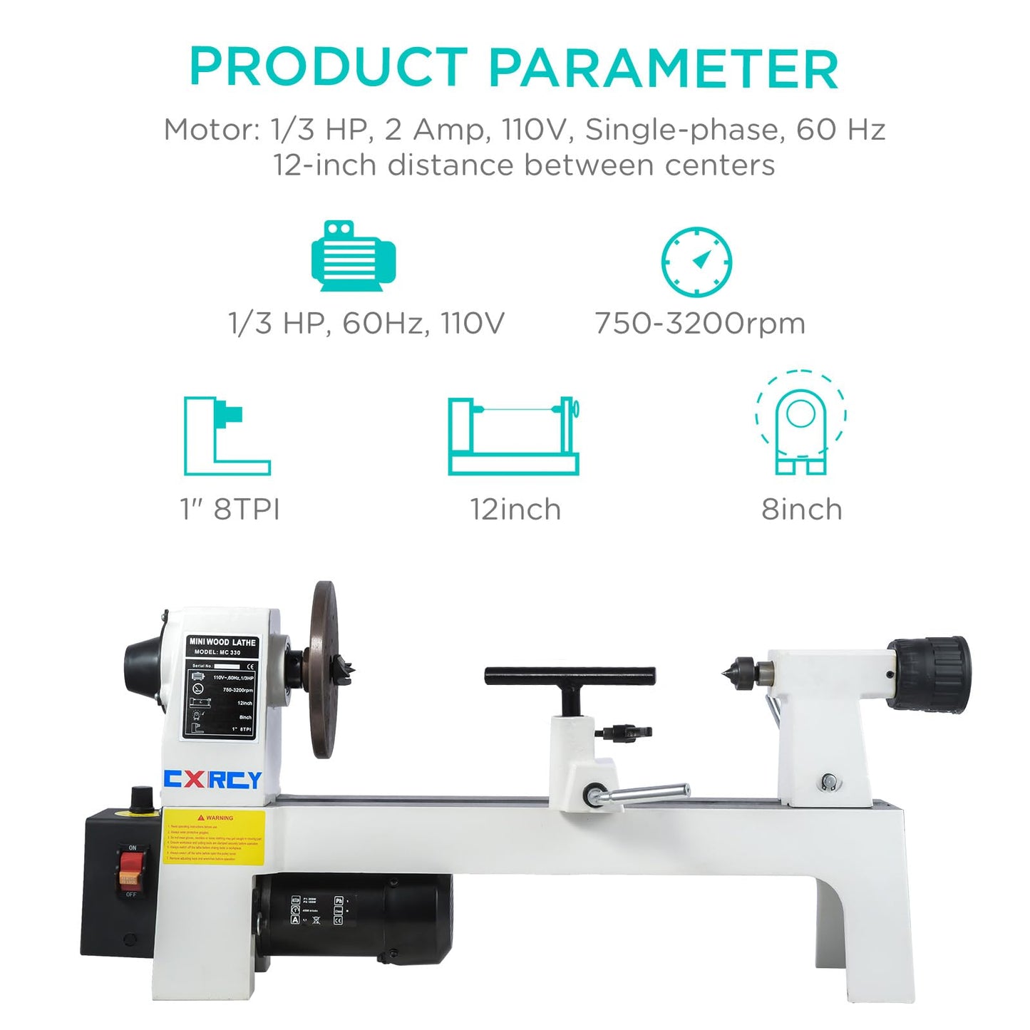 CXRCY Wood Lathe, 8" x 12" Mini Benchtop Wood Lathe Machine 1/3 HP Infinitely Variable Speed 750-3200 RPM with 2 Tool Rests, Lathe Chisel, Goggle for Woodworking, Woodturning
