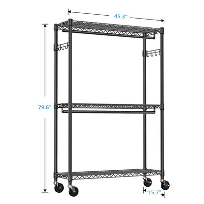 IZEUK Heavy Duty Rolling Garment Rack Wire Clothes Rack for Hanging Clothes (Black, 3 Tier with 2 Rod, 15.7" D x 45.3" W x 79.6" H)