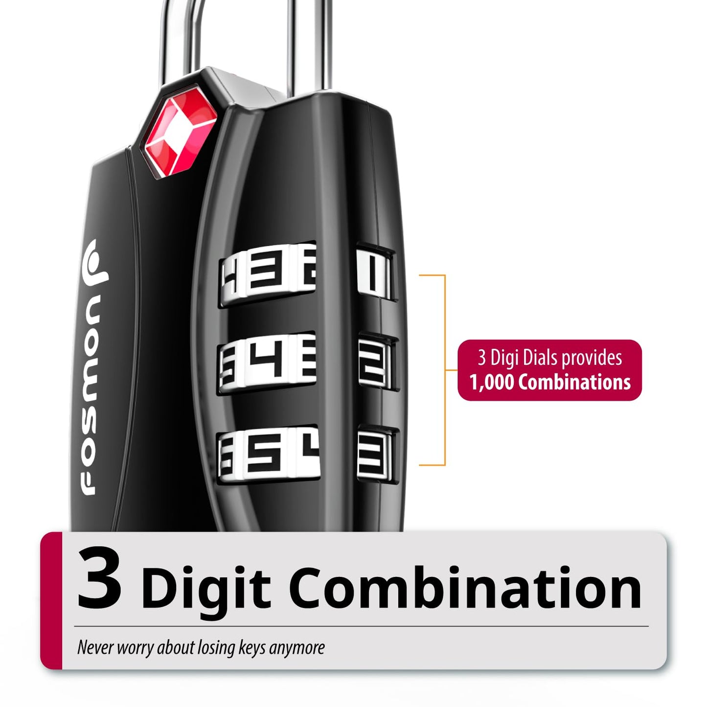 TSA Accepted Luggage Locks, Fosmon Open Alert Indicator 3 Digit Combination Padlock Codes for Travel Bag, Suit Case, Lockers, Gym, Bike Locks or Other (4 Pack)