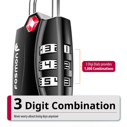 TSA Accepted Luggage Locks, Fosmon Open Alert Indicator 3 Digit Combination Padlock Codes for Travel Bag, Suit Case, Lockers, Gym, Bike Locks or Other (4 Pack)