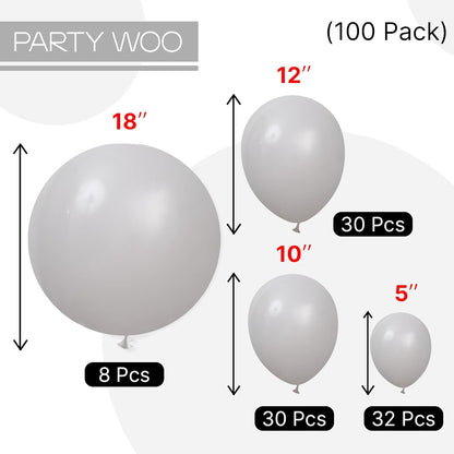 PartyWoo Gray Balloons - 100 Pcs Matte Grey Latex Balloon Arch Kit for Baby Showers & Parties | 5-18 Inch Sizes