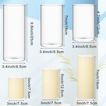 Shihanee Set of 3 Pillar Candles and 3 Glass Cylinder Candle Vases Holders Clear Pillar Jars for Wedding Centerpieces(3'' x 5.9'', 7.9'', 9.8'',Ivory White)