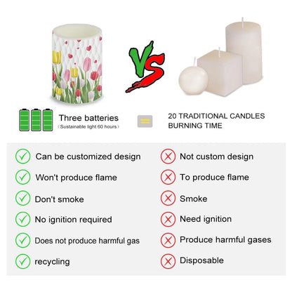NEITLGEN Happy Easter Day Decor Flameless Candles with Remote, Flickering Battery LED Pillar Candles Set of 4, Easter Tulips Flowers Print