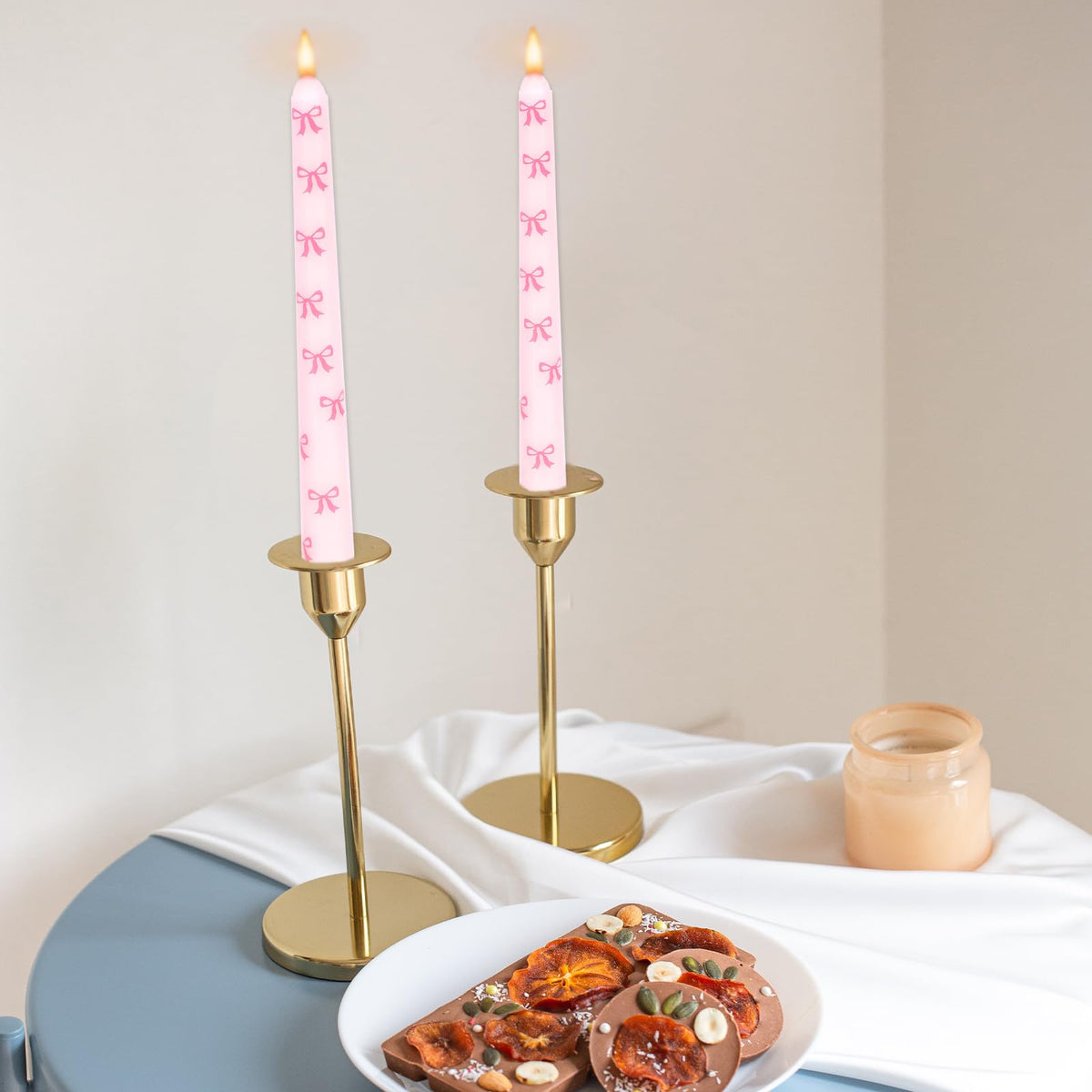 JarThenaAMCS 6Pcs Valentine's Day Taper Candles 10 Inch Pink Bow Decorative Candles Long Unscented Candle Sticks for Holiday Birthday Wedding Baby Shower Party Home Table Decor