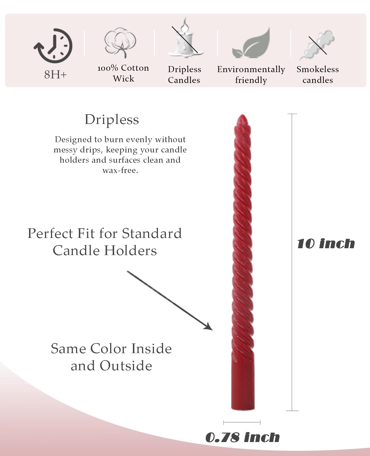 LPUSA Burgundy Taper Candles Red Spiral Candle Sticks,Unscented Dripless Long Candlesticks for Christmas Holiday,Wedding and Fall Decoration,10inch,12 Pack,E
