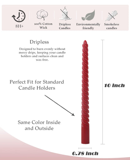LPUSA Burgundy Taper Candles Red Spiral Candle Sticks,Unscented Dripless Long Candlesticks for Christmas Holiday,Wedding and Fall Decoration,10inch,12 Pack,E