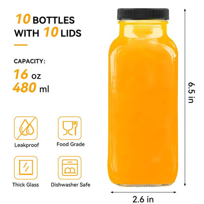 Kucoele 16oz Glass Juice Bottles with Lids, 10 Pack Reusable Smoothie Cups Water Bottles Drinking Jars with Glass Straws, Brush, Lids with Hole