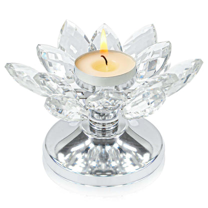 1 PC Silver Crystal Flower Tea Light Holder, Glass Tealight Candlestick with Metal Base, Votive Candle for Table Centerpiece, Wedding/Parties Decor, Nice Gift