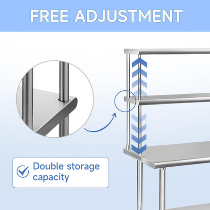 ROCKPOINT Stainless Steel overshelf for Prep Work Table 12" D x 60" W,Commercial Double Overshelf in Kitchen, Home,Restaurant,Garage with countertop Capacity 400lb