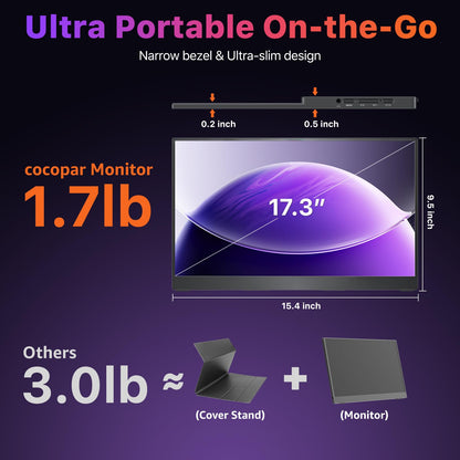 cocopar Portable Monitor 17.3 Inch 4K UHD 60Hz 150% sRGB Travel Monitor with Speaker HDMI USB-C Second Screen for Laptop MacBook Surface PC Xbox PS4/5, VESA Mountable, with Kickstand