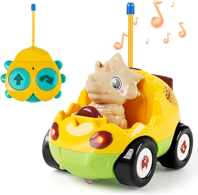 Remote Control Dinosaur Car Toy for Toddlers - Birthday Gift for Boys Ages 18+ Months 2 3 4 5 Year Old - RC Dino Vehicle with Lights and Music Easy Control Toy for Kids