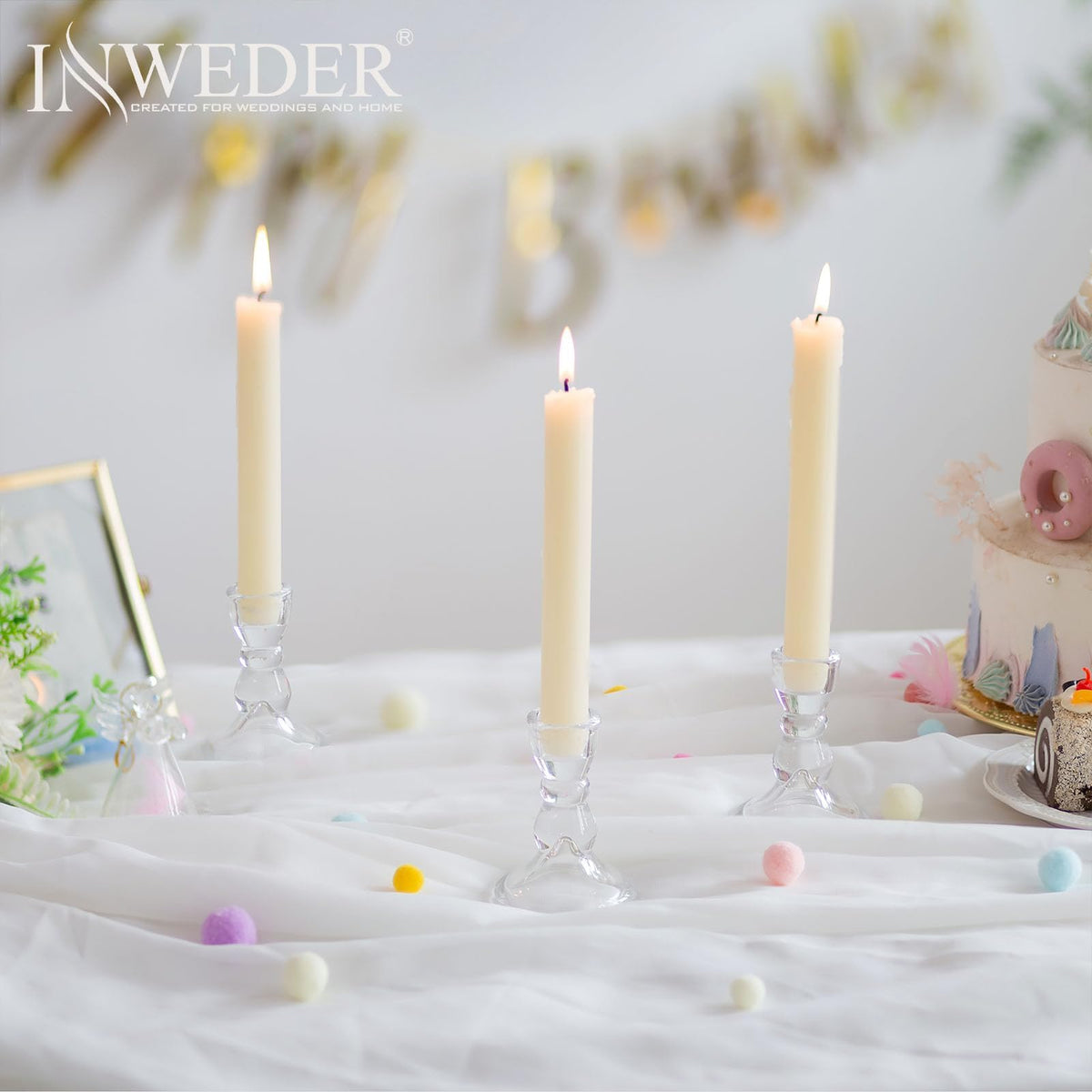 Inweder Glass Taper Candle Holders - Cute Candlestick Holders, 20Pcs Clear Candle Stick Candle Holder, Modern Tapered Candlestick Holders for Standard Candles for Wedding Christmas Home Decor