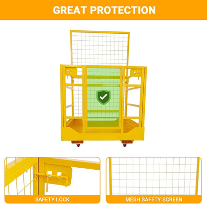 43"x45" Forklift Platform Safety Cage,Work Platform for Loader,Man Basket for Forklift,1800lbs Capacity with Safety Harness & Lock,2-Man Collapsible Lift Basket for Lifting Loader (Yellow W/Wheels)