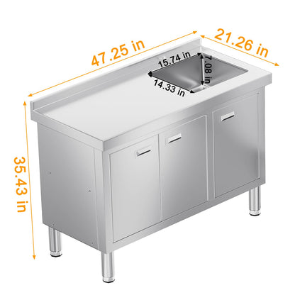 WWK 47" x 21" Stainless Steel Sink with Cabinet, Freestanding Utility Sink Laundry Sink, Heavy Duty Commercial Kitchen Sink for Outdoor, Restaurant, Hotel, Cafe, and Garage, 21D x 47W x 35H inches