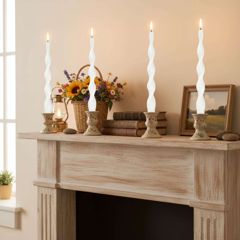 White Thin Twisted Candle Sticks 10 inch Long Spiral Candles Unscented Smokeless Twirl Tapered Candles for Weddings Holiday Dinner Meditation Home Decor Pastoral Rural Style